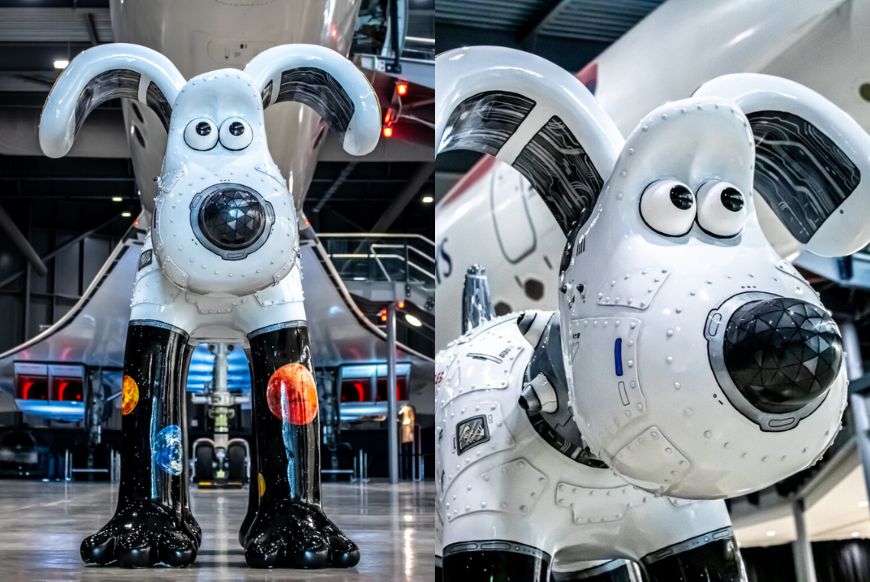 Split image of a gromit sculpture at aerospace bristol